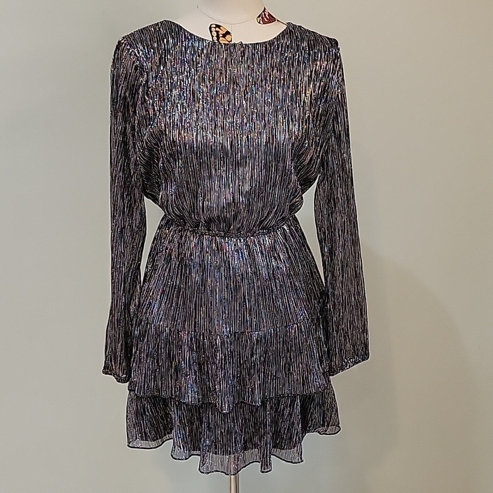 CITY TRIANGLES festive colorful metallic dress.  Sheer sleeves, mini. Size is M.